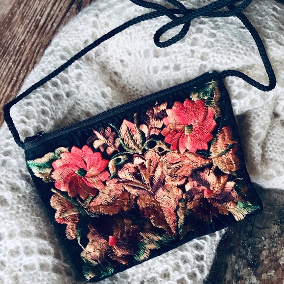 Handbags - Black & Floral Embroidered Mini Crossbody Bag